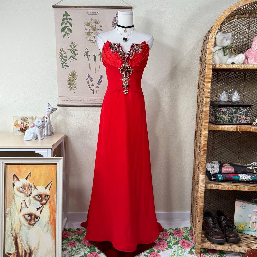 90s Y2k Beaded Strapless Small Train Formal Dress Romantic Vampire Sexy Glam XS